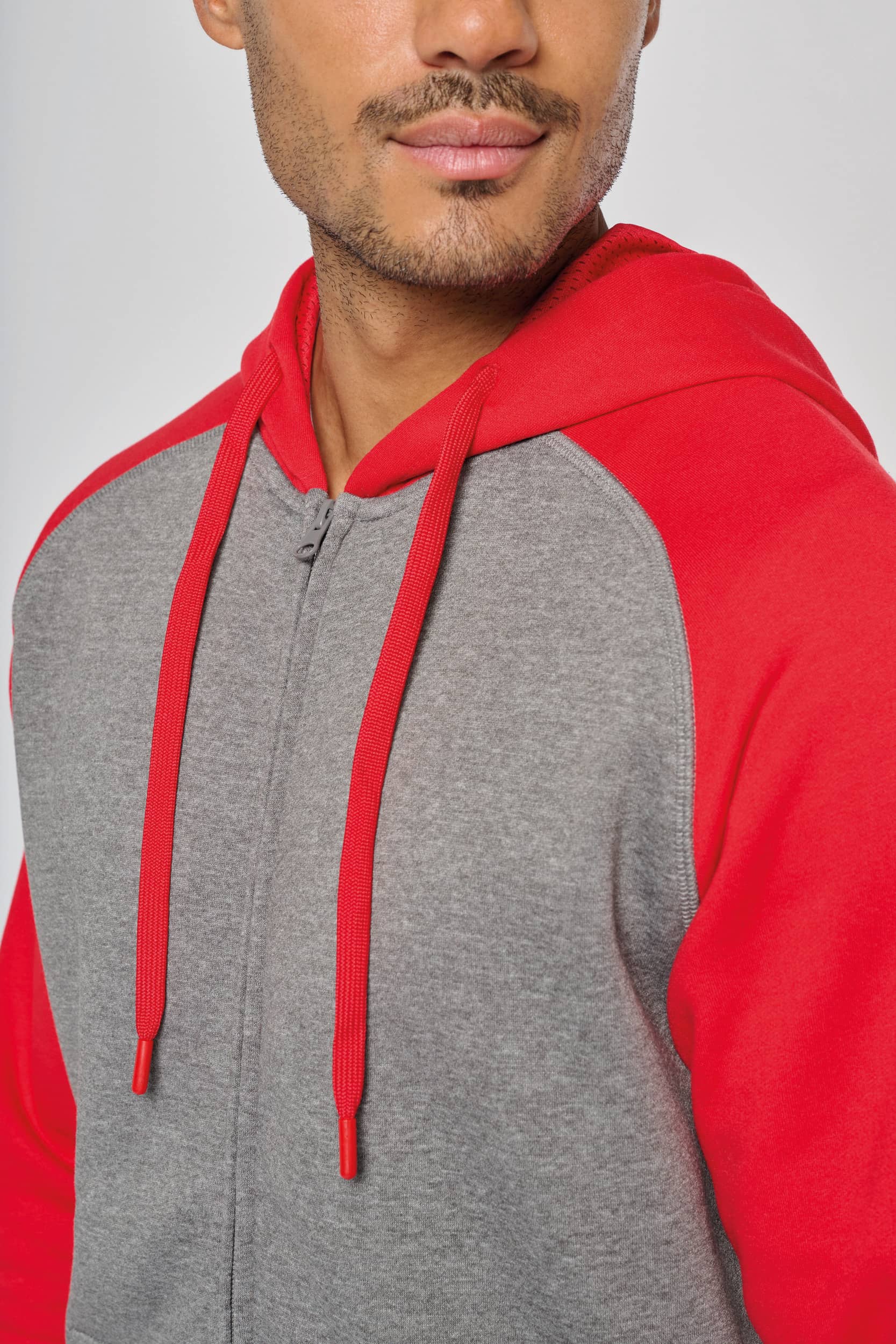 Zweifarbige Unisex-Fleecejacke mit Reißverschluss und Kapuze
