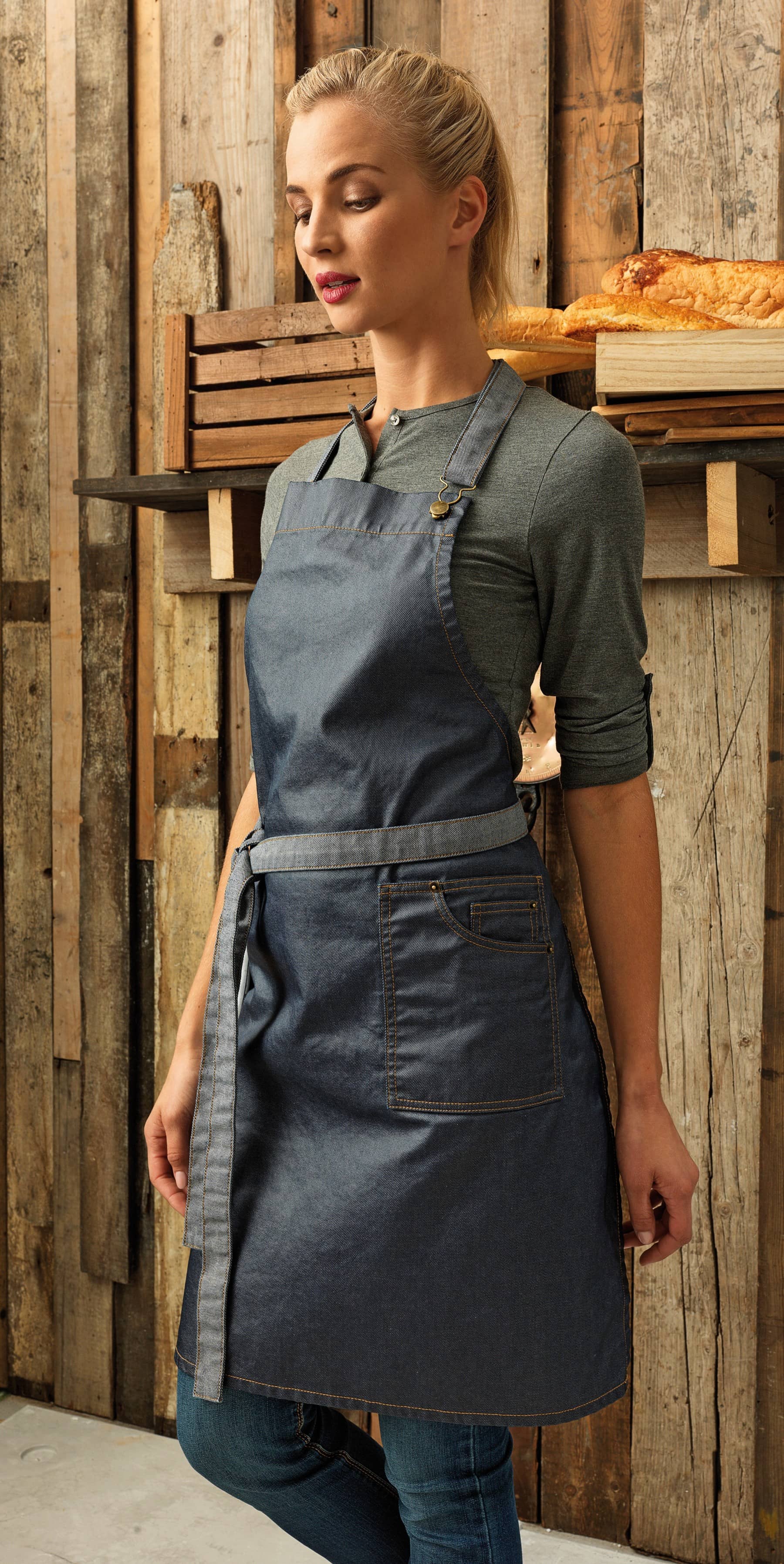 District Waxed Look Denim Bib Apron
