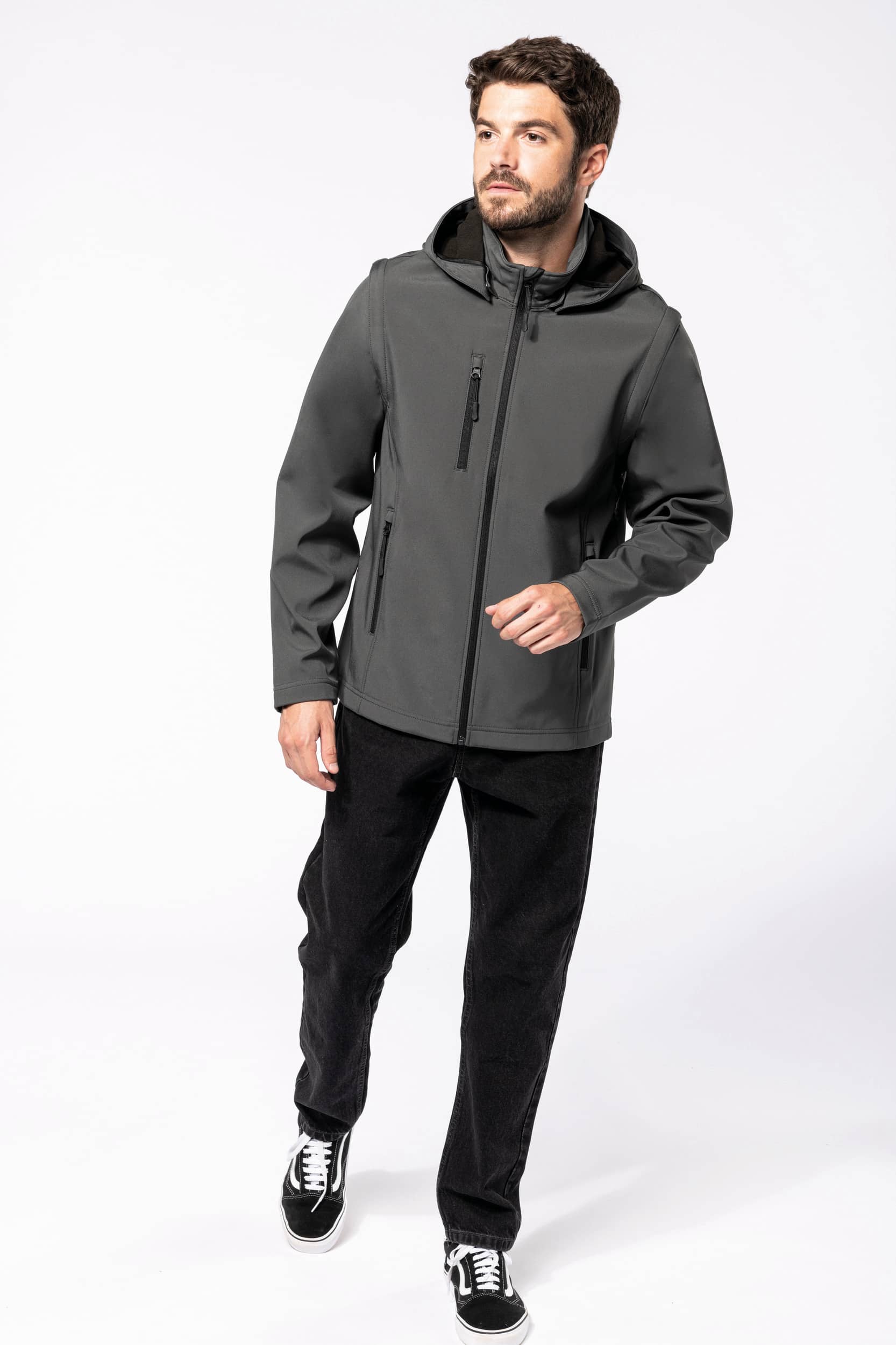 3-lagige Unisex-Softshell-Jacke mit Kapuze und abnehmbaren Ärmeln