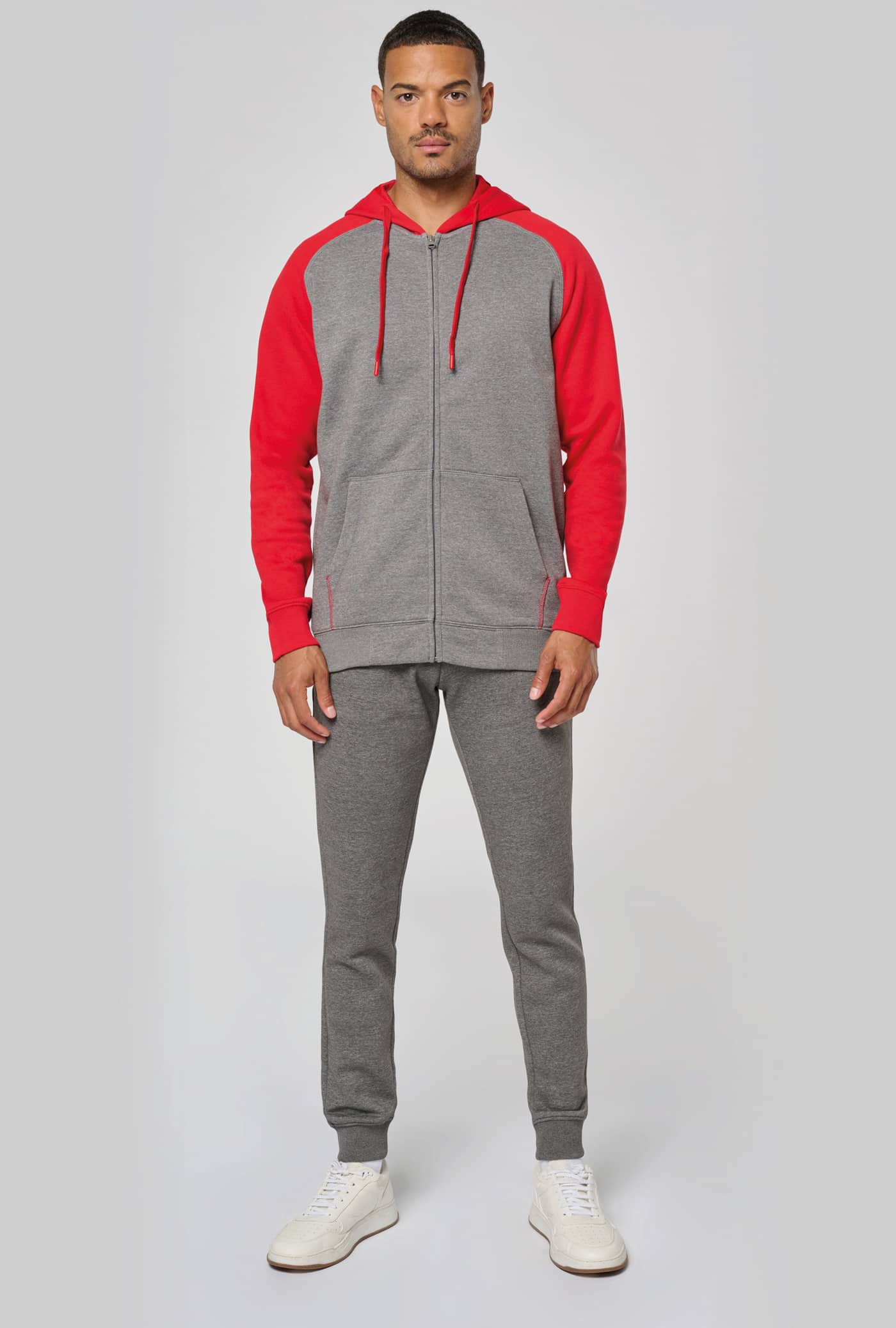 Zweifarbige Unisex-Fleecejacke mit Reißverschluss und Kapuze