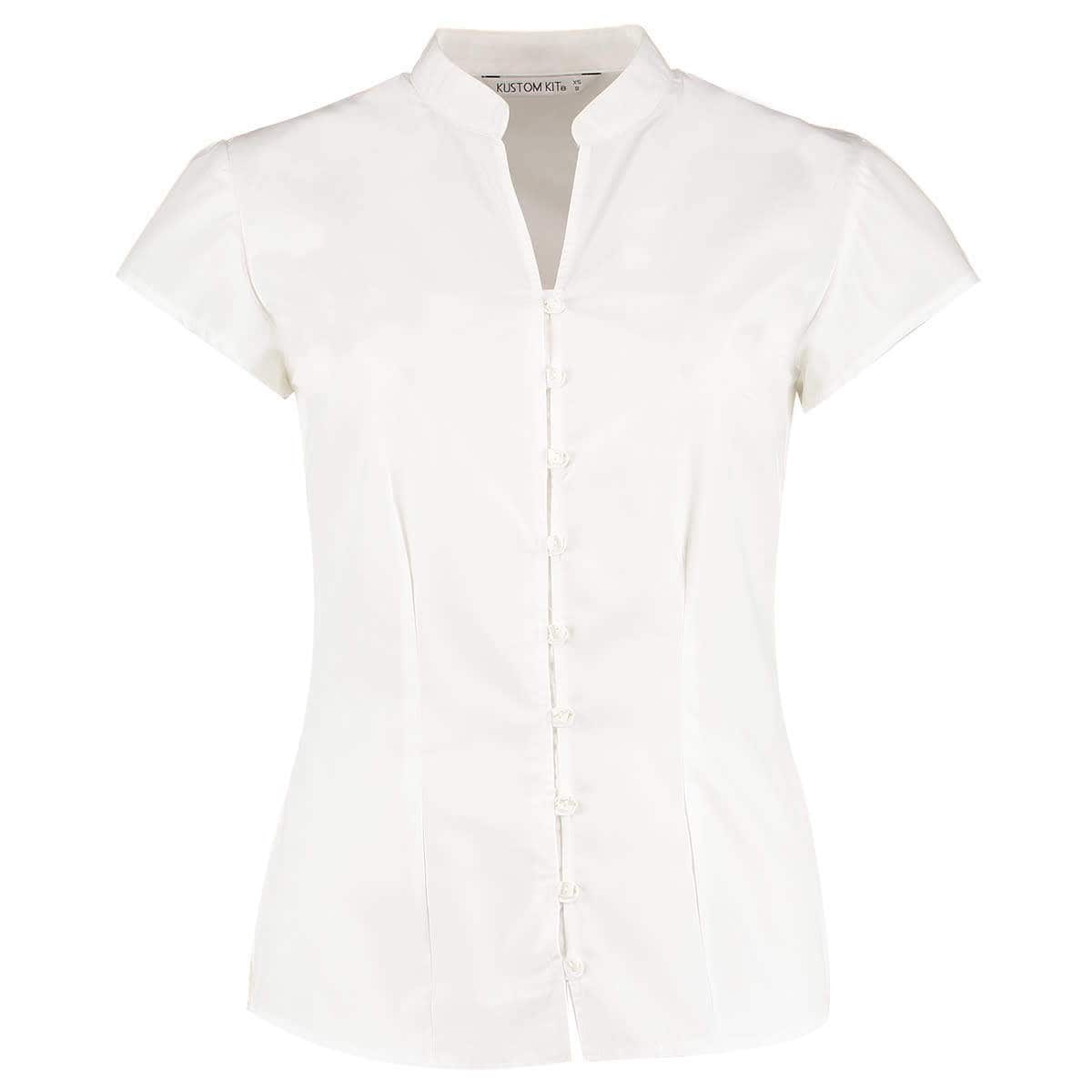 Tailored Fit Mandarin Collar Poplin Blouse Cap Sleeve