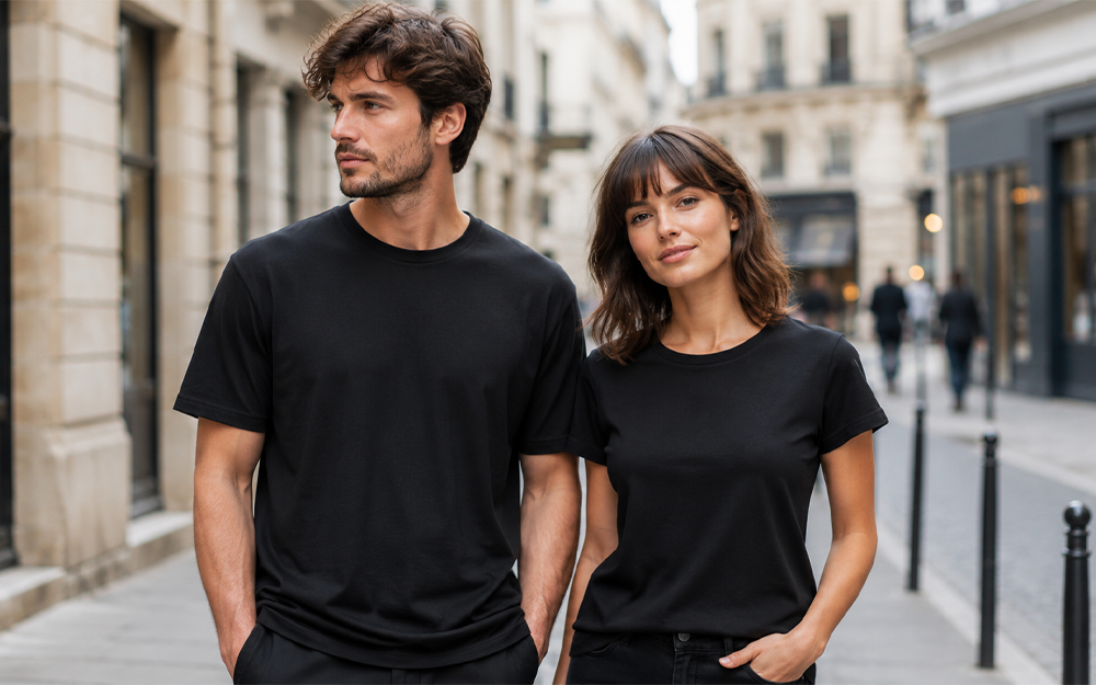 Frau und Mann tragen schwarze T-Shirts von RTP Apparel auf einer modernen Stadtstraße