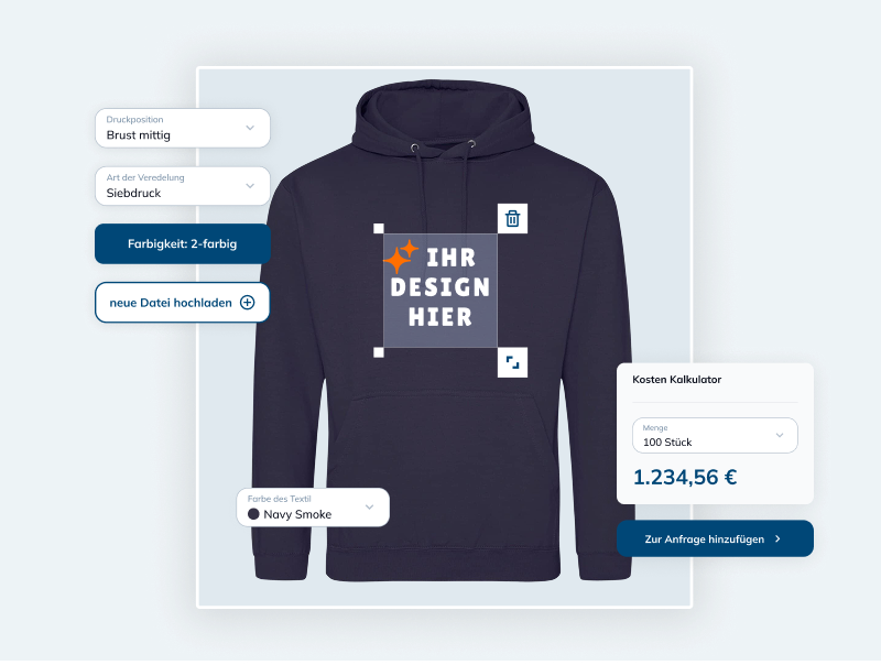 Anschauungsbild eines Hoodies während der Druckkonfiguration