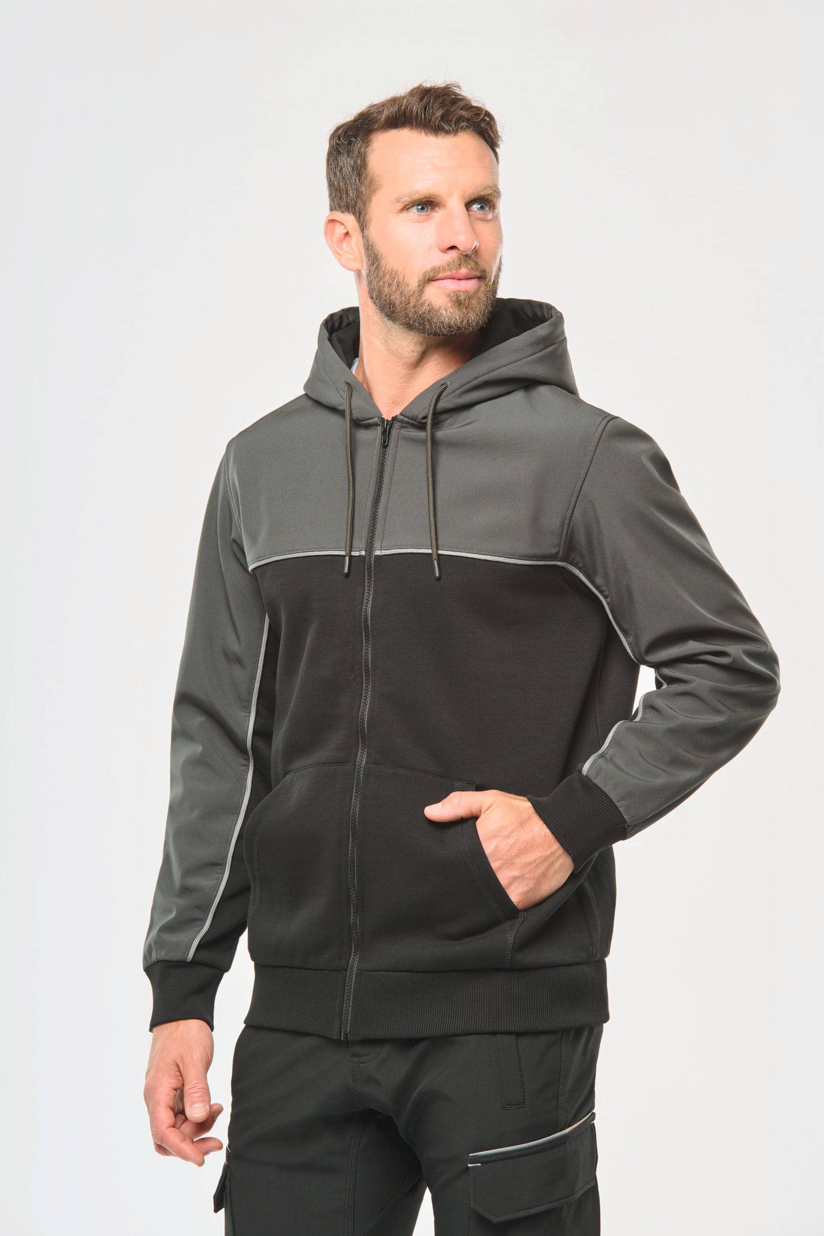 Umweltfreundliche, zweifarbige Molton-Kapuzenjacke mit Reißverschluss, Unisex