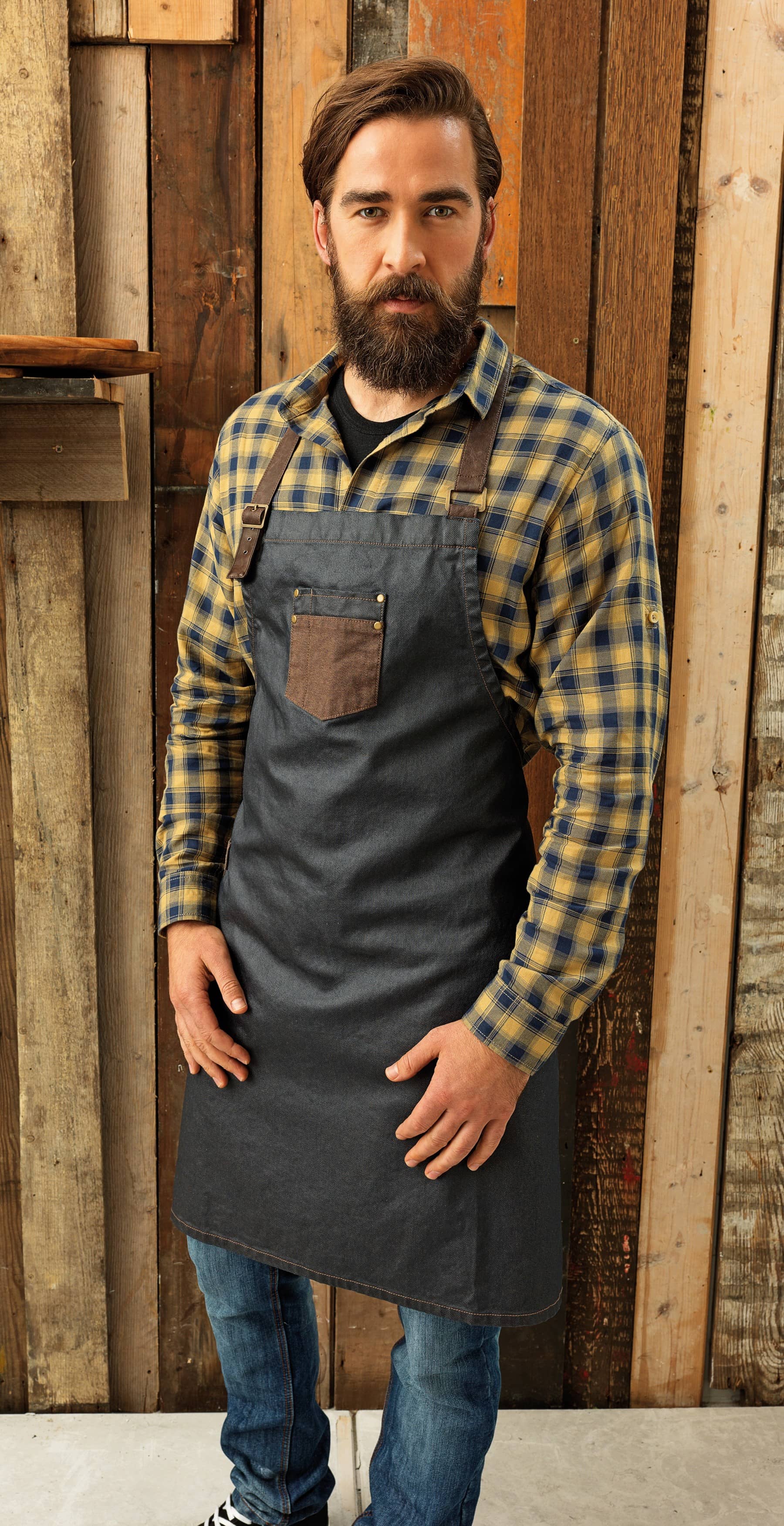 Division Waxed Look Denim Bib Apron With Faux Leather