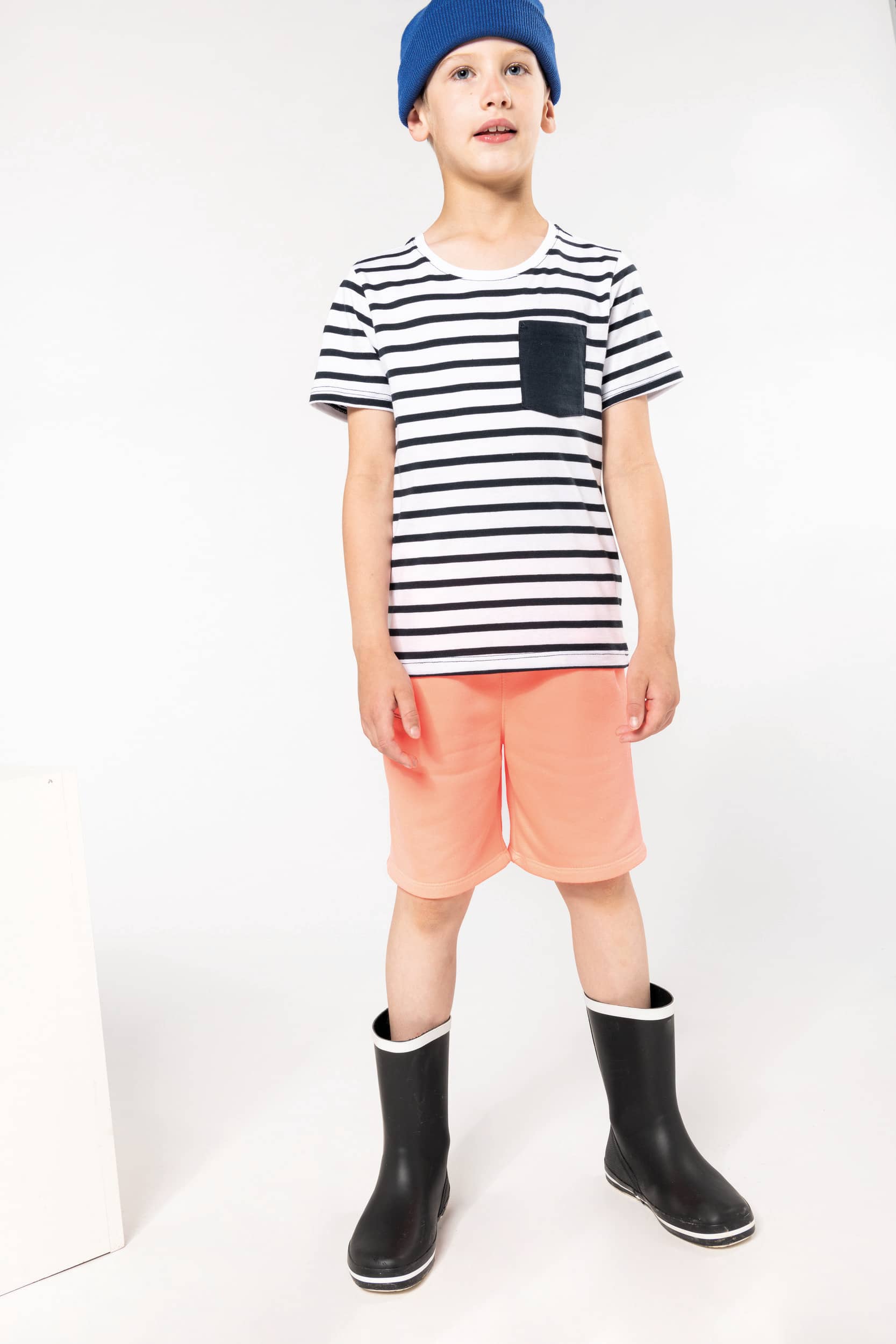 Gestreiftes Kurzarm-T-Shirt mit Tasche für Kinder im Marine-Stil