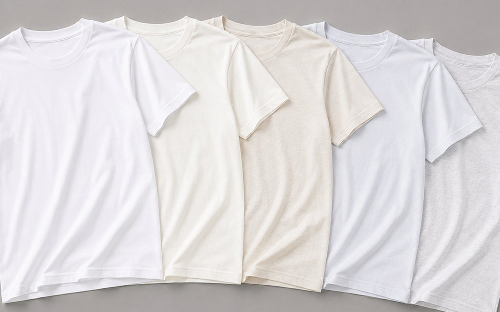 T-Shirts in verschiedenen Weißtönen nebeneinander