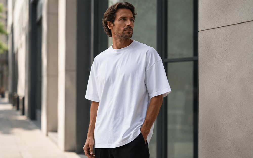 Mann trägt Build Your Brand Heavy Oversize Tee BY102 in Weiß – Oversized Fit