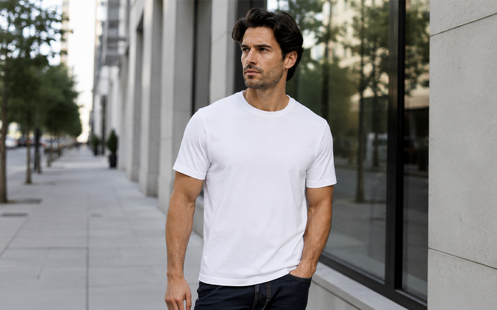 Mann trägt Build Your Brand T-Shirt Round Neck BYoo4 in Weiß – Regular Fit