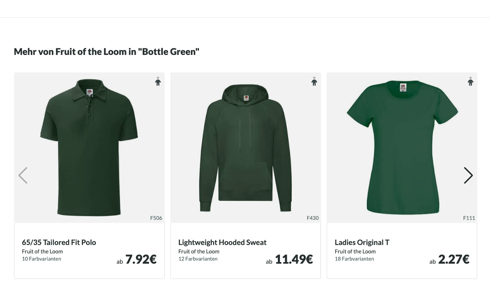 Auf der Produktdetailseite werden alle Produkte des gleichen Herstellers in der gleichen Farbe angezeigt